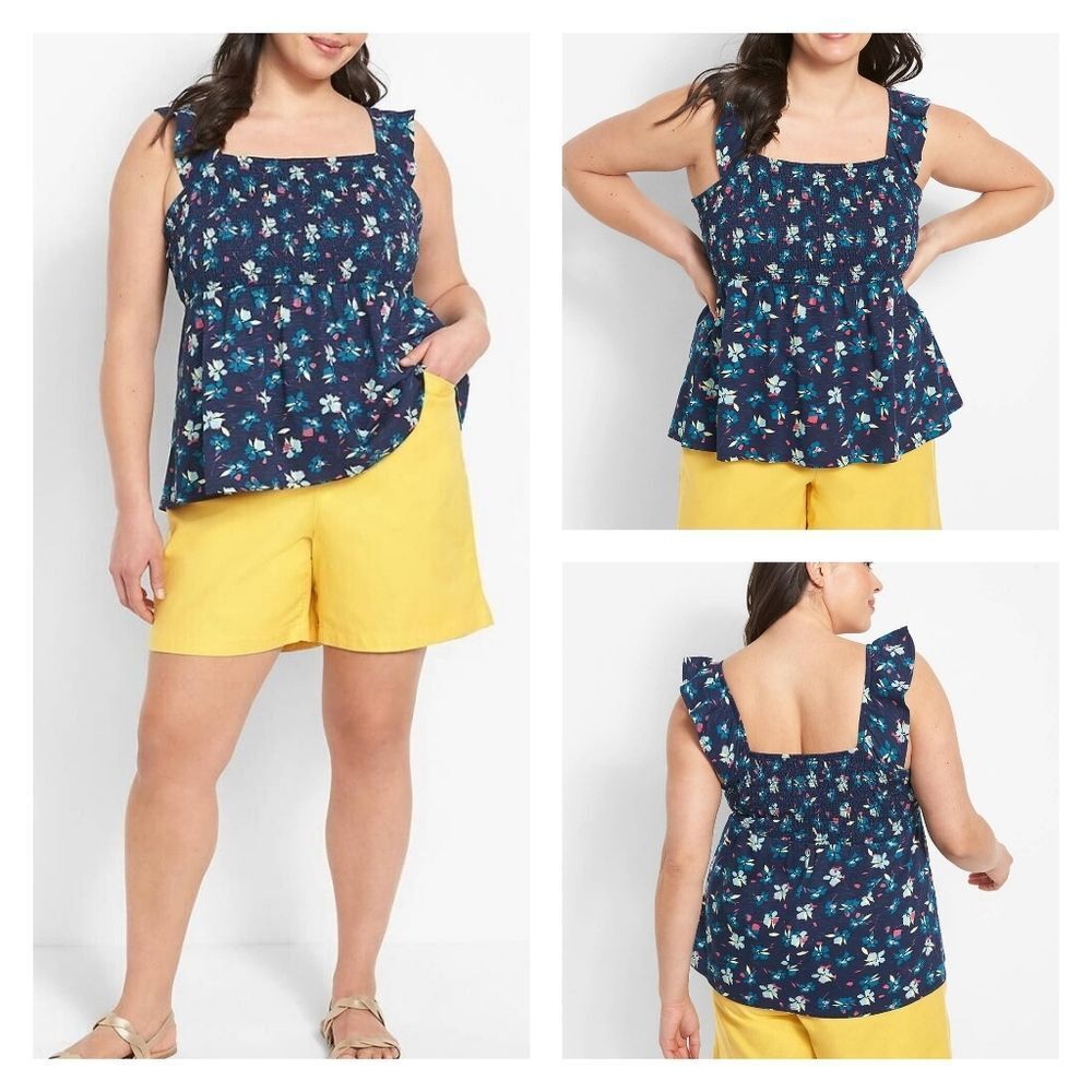NEW Lane Bryant Cotton Tank Top 14/16 Annabel Floral Ruffle Smock Square Neck